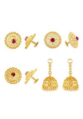 Set Of 3 Gold Plated Cubic Zirconia Studded Floral Studs With Removable Jhumka