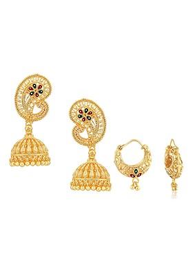 Set Of 2 Gold Plated Stone Studded Floral Earrings