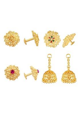 Set Of 3 Gold Plated Floral Jhumkas Earrings