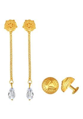Set Of 2 Gold Plated Stone Studded Floral Removable Studs And Drop Earrings
