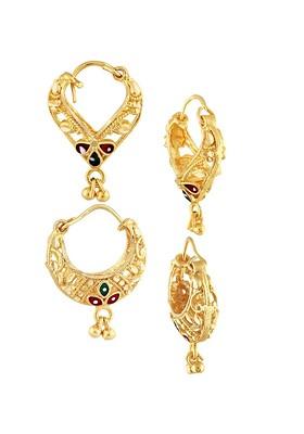Set Of 2 Gold Plated Floral Artificial Stones And Beads Hoop Earrings