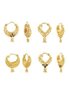 Set Of 4 Gold Plated Floral Artificial Stones And Beads Hoop Earrings