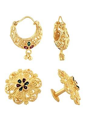 Set Of 2 Gold Toned Floral Hoop Earrings