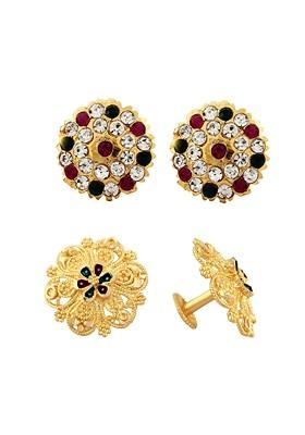 Set Of 2 Gold Plated Stone Studded Brass Floral Studs Earrings