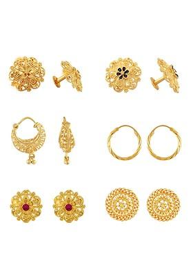 Set Of 6 Gold Plated Stone Studded Floral Studs Earrings