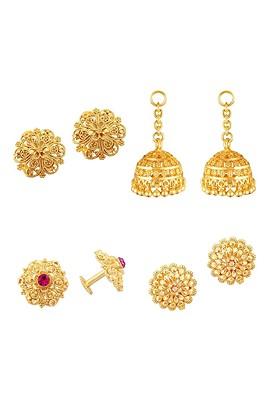 Set Of 3 Gold Plated Floral Stud Earrings With Removable Jhumkas