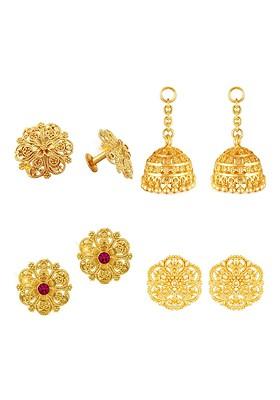 Set Of 3 Gold Plated Floral Stud Earrings With Removable Jhumkas