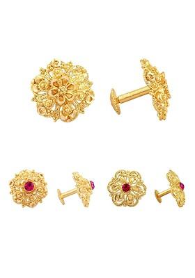 Set Of 3 Gold Plated Floral Stone Studded Studs Earrings