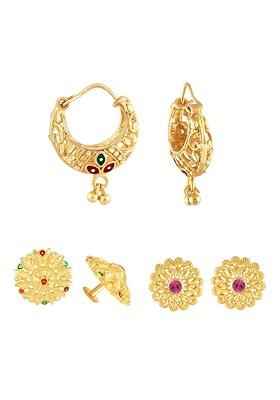 Set Of 3 Gold Plated Floral Studs And Hoop Earrings