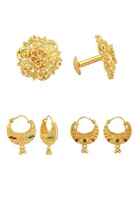 Set Of 3 Gold Plated Floral Hoop Earrings