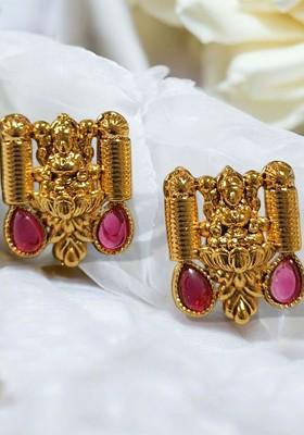 Gold Plated Artificial Stones Studded Contemporary Temple Drop Earrings