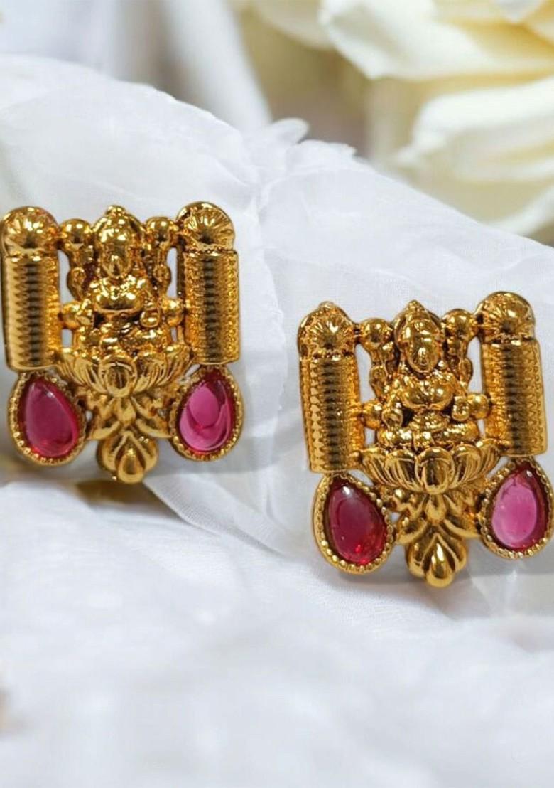 Gold Plated Artificial Stones Studded Contemporary Temple Drop Earrings