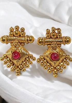 Gold Plated Artificial Stones Studded Diamond Shaped Drop Earrings