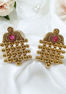 Gold Plated Artificial Stones Studded Contemporary Drop Earrings