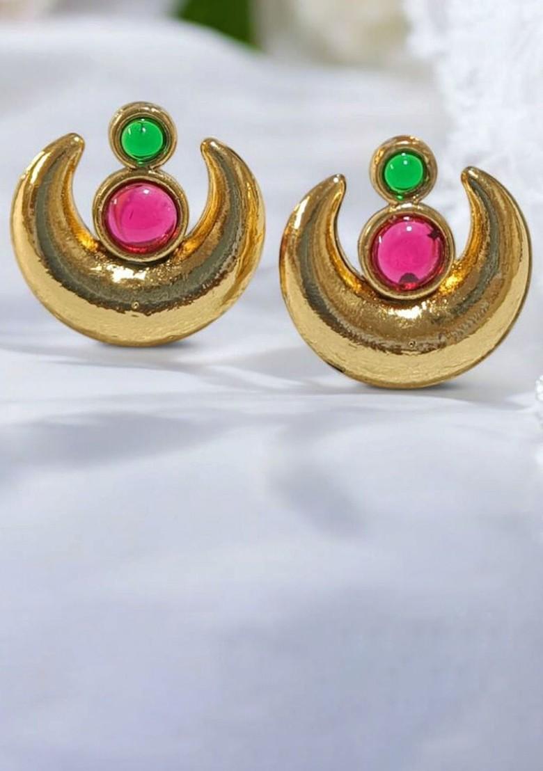 Gold Plated Artificial Stones Studded Crescent Shaped Studs