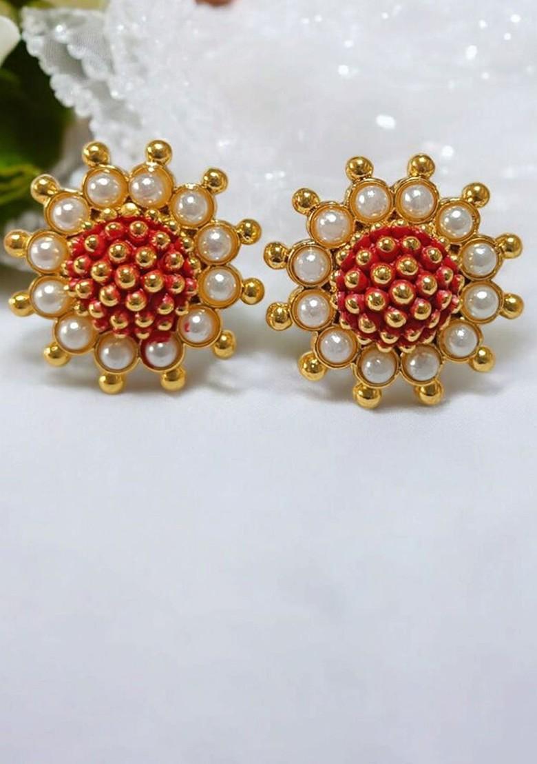 Gold Plated Artificial Beaded Studded Floral Shaped Studs