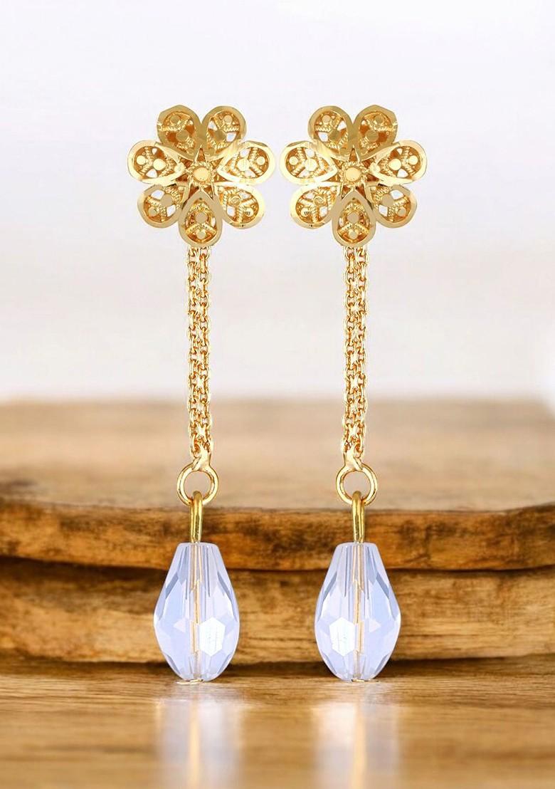 Gold Plated Artificial Beads Floral Drop Earrings
