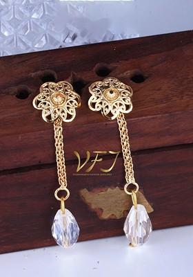 Gold Plated Crystals Studded Floral Shaped Drop Earrings
