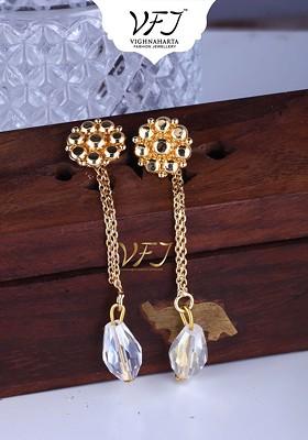 Gold Plated Crystals Studded Floral Shaped Drop Earrings