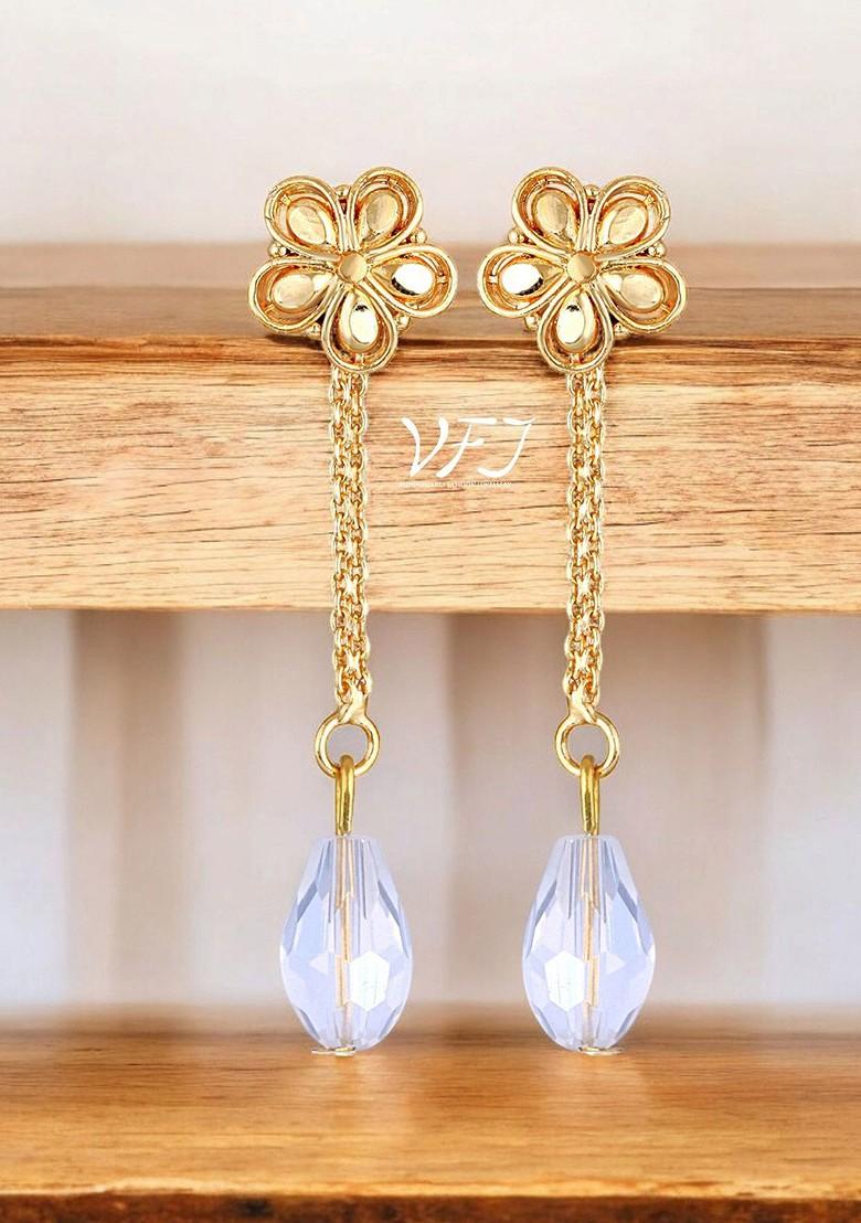 Gold Plated Crystals Studded Floral Shaped Drop Earrings