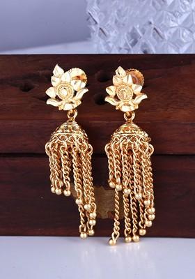 Gold Plated Artificial Stones Studded And Beaded Floral Jhumkas