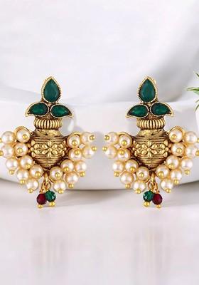 Gold Plated Stones Studded And Pearls Beaded Contemporary Shaped Drop Earrings