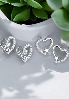 Set Of 2 Gold Plated Cubic Zirconia Heart Shaped Studs