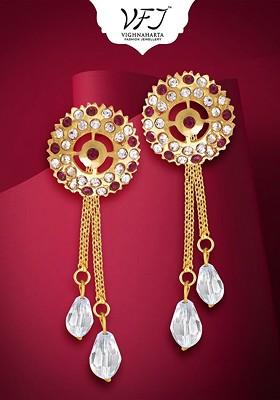 Gold Plated Contemporary Stone Studded And Beaded Drop Earrings