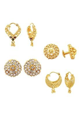 Set Of 4 Gold Plated Cubic Zirconia Stone Studded Studs And Hoop Earrings