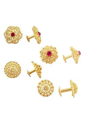 Set Of 4 Gold Plated Floral Shaped Cubic Zirconia Stone Studded Studs Earrings