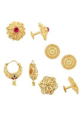 Set Of 4 Gold Plated Cubic Zirconia Stone Studded Studs And Hoop Earrings
