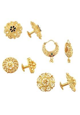 Set Of 4 Gold Plated Cubic Zirconia Stone Studded Studs And Hoop Earrings