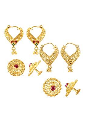 Set Of 4 Gold Plated Cubic Zirconia Stone Studded Studs And Hoop Earrings