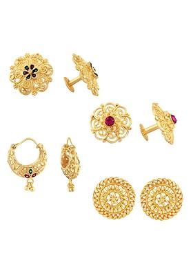 Set Of 4 Gold Plated Cubic Zirconia Stone Studded Studs And Hoop Earrings