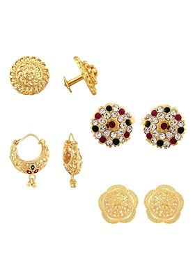 Set Of 4 Gold Plated Cubic Zirconia Studded Floral Stud And Hoop Earrings