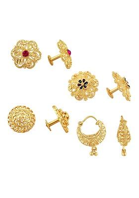 Set Of 4 Gold Plated Cubic Zirconia Studded Floral Stud And Hoop Earrings