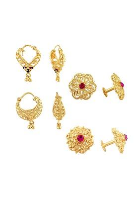 Set Of 4 Gold Plated Cubic Zirconia Studded Floral Stud And Hoop Earrings