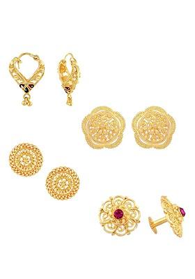 Set Of 4 Gold Plated Cubic Zirconia Studded Floral Stud And Hoop Earrings
