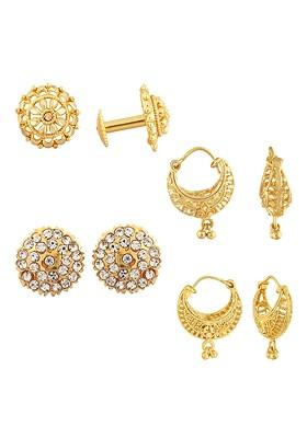 Set Of 4 Gold Plated Cubic Zirconia Studded Floral Stud And Hoop Earrings