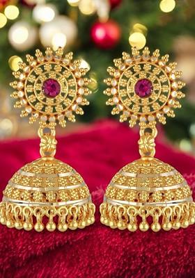 Gold Plated Artificial Stones Studded Dome Jhumkas