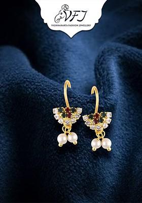 Gold Plated Stone Studded And Pearls Beaded Drop Earrings