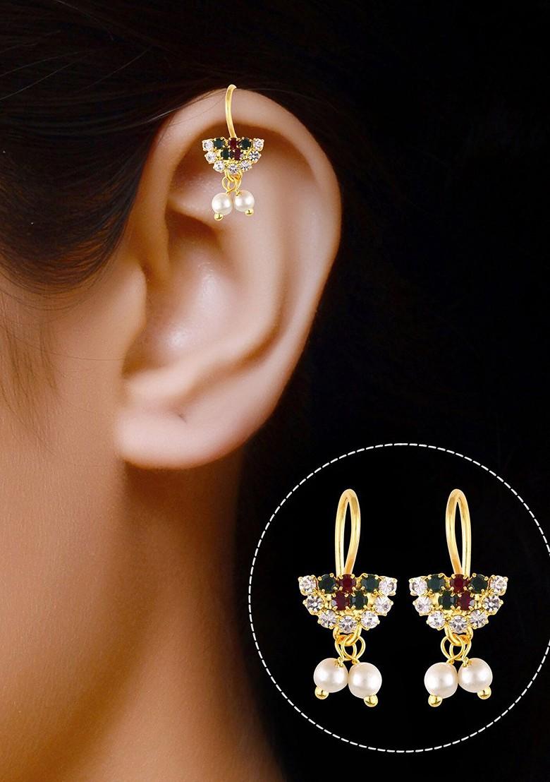 Gold Plated Stone Studded And Pearls Beaded Drop Earrings