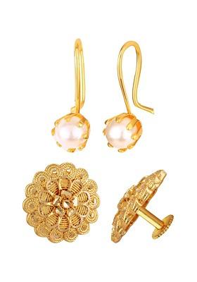 Set Of 2 Gold Plated Pearls Beaded Studs And Drop Earrings
