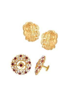Set Of 2 Gold Plated Cubic Zirconia Studded Contemporary Studs Earrings