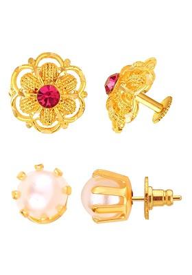 Set Of 2 Gold Plated Cubic Zirconia Studded And Beaded Studs Earrings