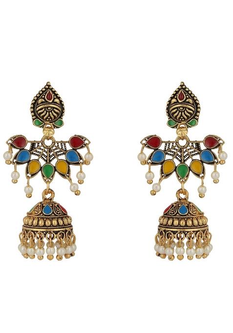 Traditional Gold Plated Party Wear Antique Multicolour Jhumka Earring