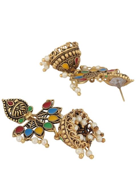 Traditional Gold Plated Party Wear Antique Multicolour Jhumka Earring