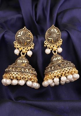 Traditional Gold Plated Pearl Brass Jhumka Light Weight Antique Earrings