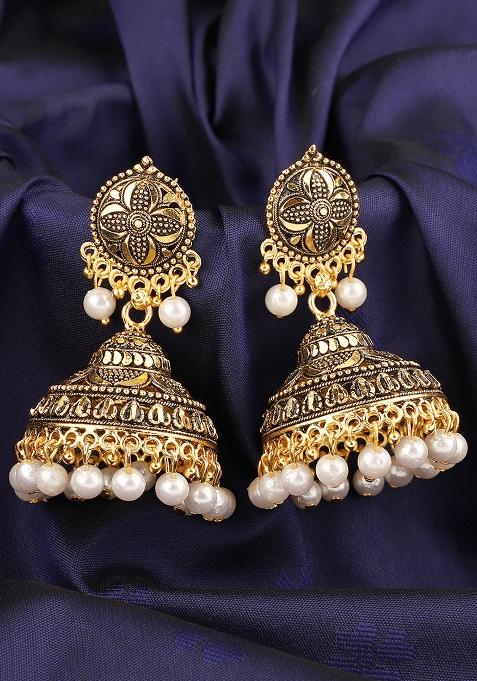 Traditional Gold Plated Pearl Brass Jhumka Light Weight Antique Earrings