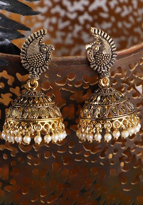 Gold Toned Contemporary Pearl Studded Antique Jhumkas Earrings